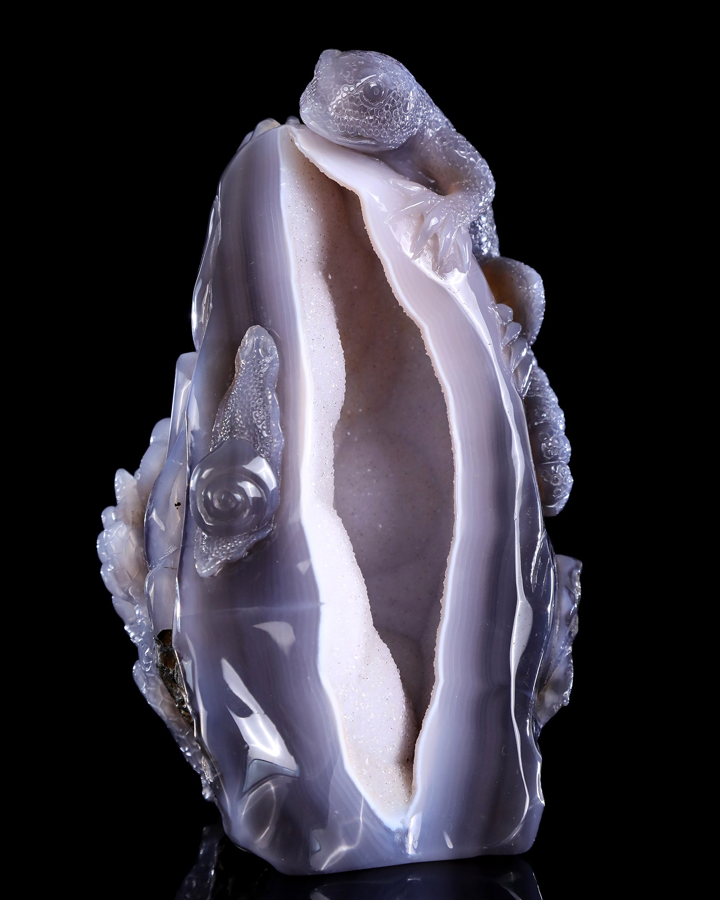 8.3" Quartz Rock Geode Hand Carved Crystal Lizard Sculpture