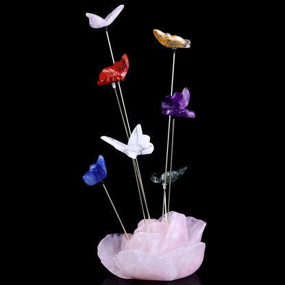 5.0" Rose Quartz Hand Carved Crystal Incense Holder with Colorful Butterfly Set