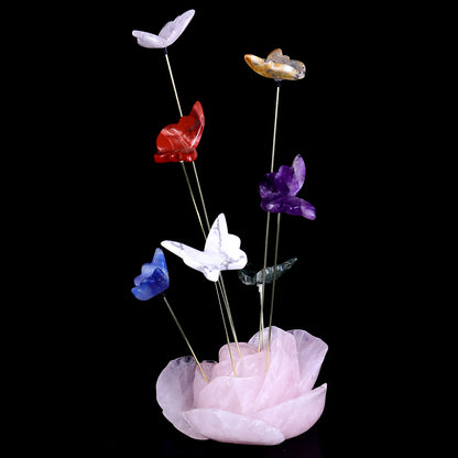 5.0" Rose Quartz Hand Carved Crystal Incense Holder with Colorful Butterfly Set