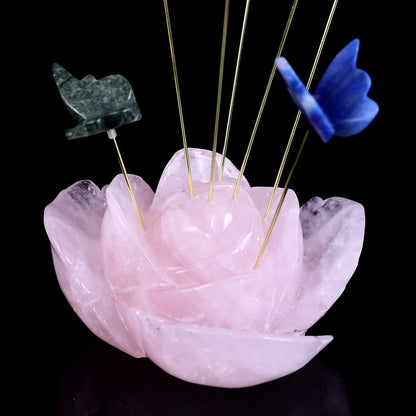 5.0" Rose Quartz Hand Carved Crystal Incense Holder with Colorful Butterfly Set