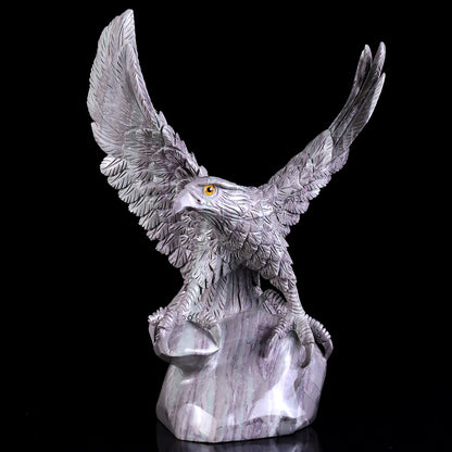 14.6" Jiulong Jade Hand Carved Crystal Eagle Sculpture