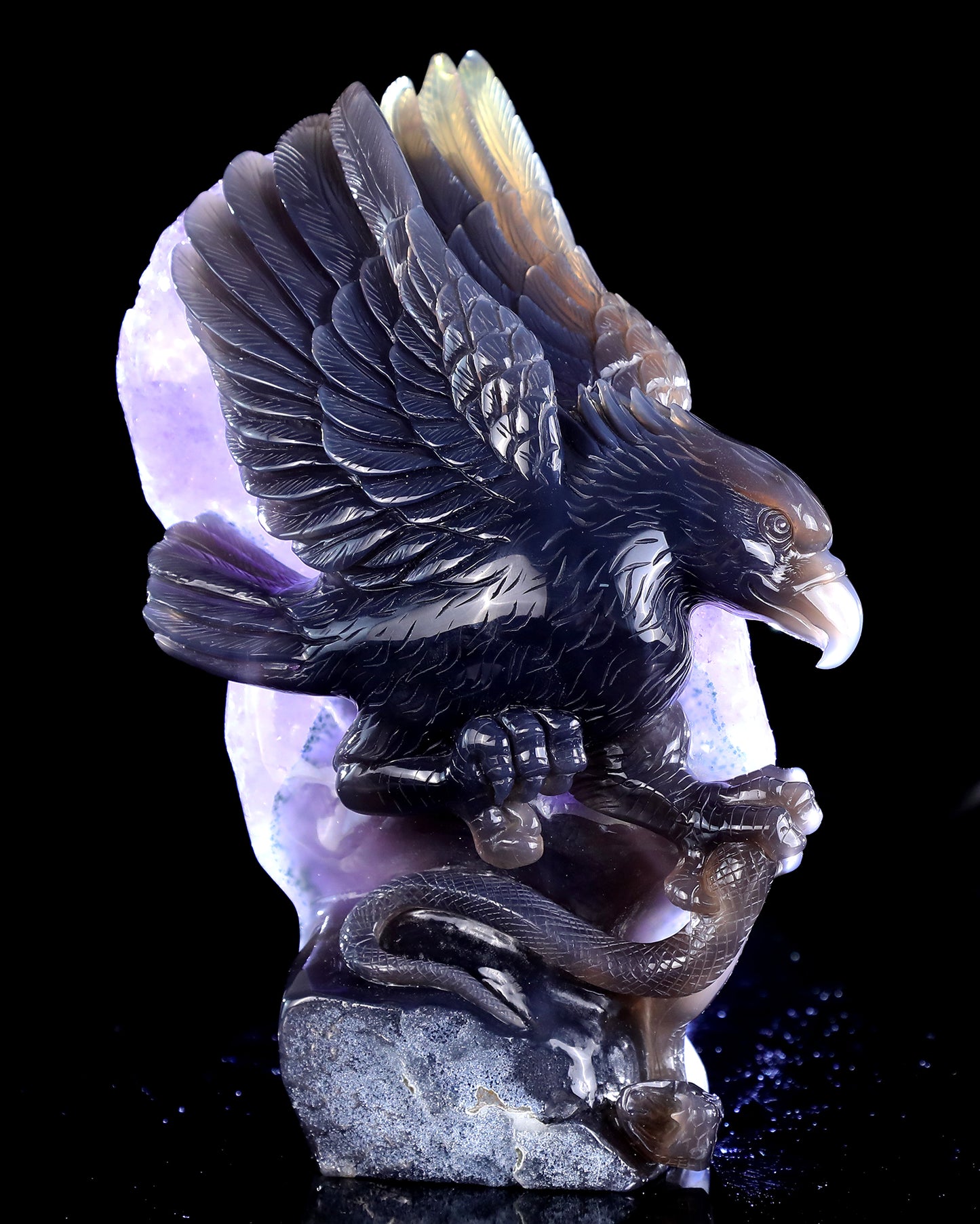 9.0" Natural Amethyst Druse Agate Hand Carved Crystal Eagle Catching Snake Sculpture