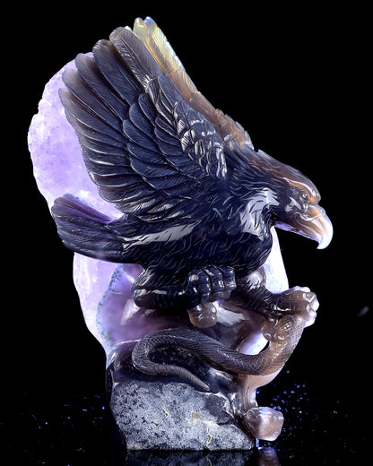 9.0" Natural Amethyst Druse Agate Hand Carved Crystal Eagle Catching Snake Sculpture