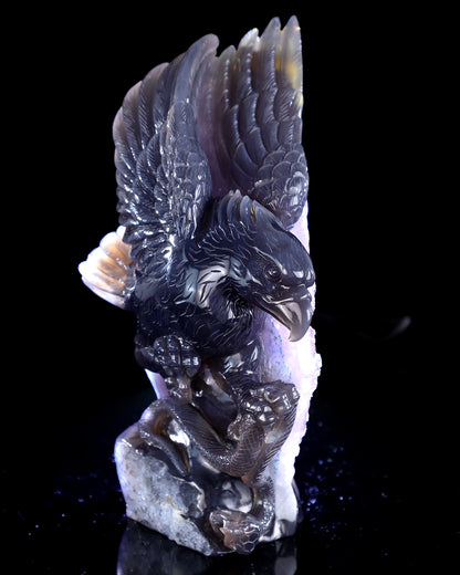 9.0" Natural Amethyst Druse Agate Hand Carved Crystal Eagle Catching Snake Sculpture