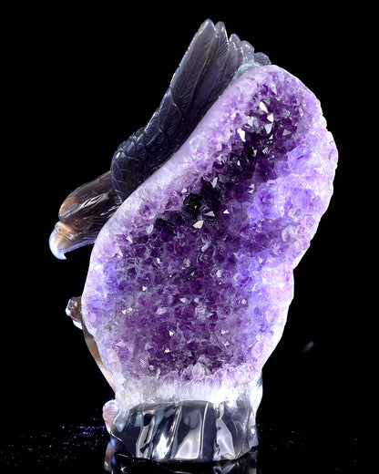 9.0" Natural Amethyst Druse Agate Hand Carved Crystal Eagle Catching Snake Sculpture