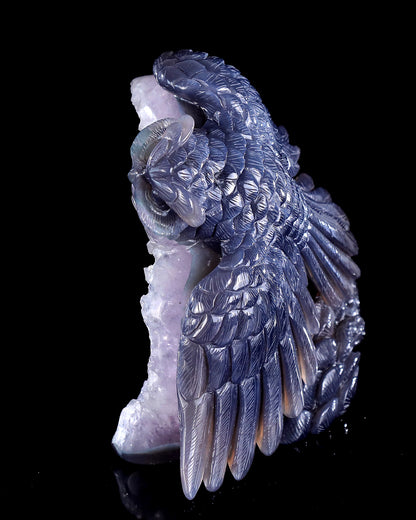 6.0" Natural Amethyst Druse Agate Hand Carved Crystal Owl Sculpture