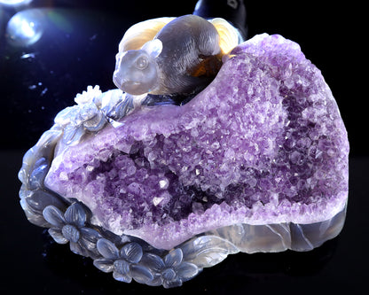 8.3" Natural Amethyst Druse Agate Hand Carved Crystal Squirrel Sculpture