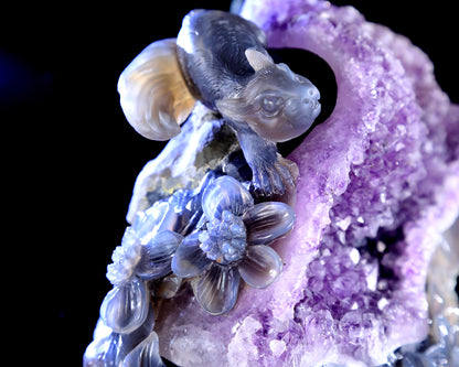 8.3" Natural Amethyst Druse Agate Hand Carved Crystal Squirrel Sculpture