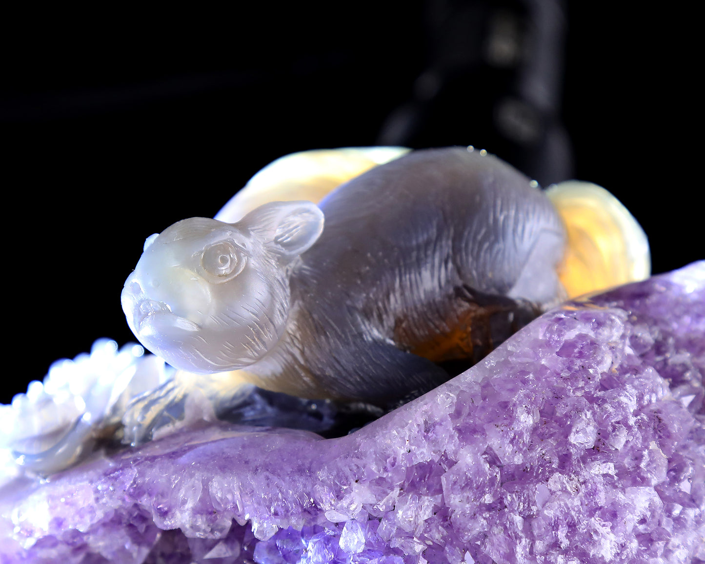 8.3" Natural Amethyst Druse Agate Hand Carved Crystal Squirrel Sculpture