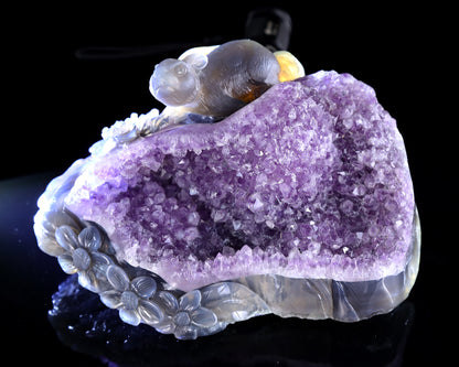 8.3" Natural Amethyst Druse Agate Hand Carved Crystal Squirrel Sculpture