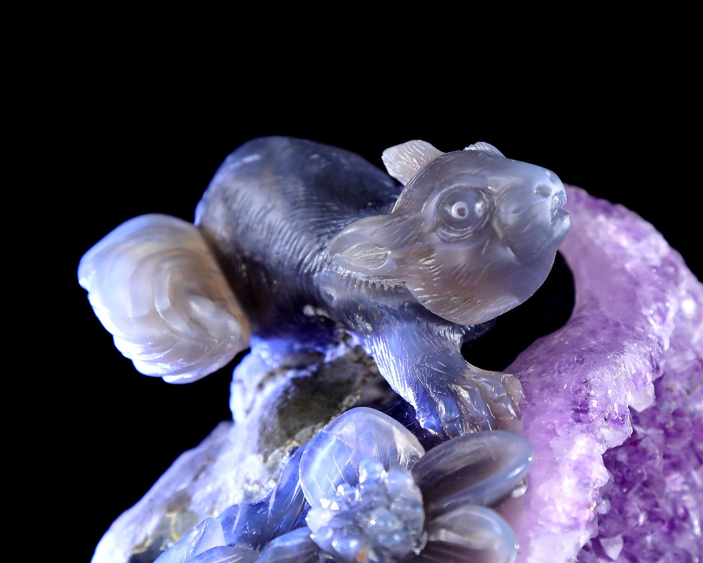 8.3" Natural Amethyst Druse Agate Hand Carved Crystal Squirrel Sculpture