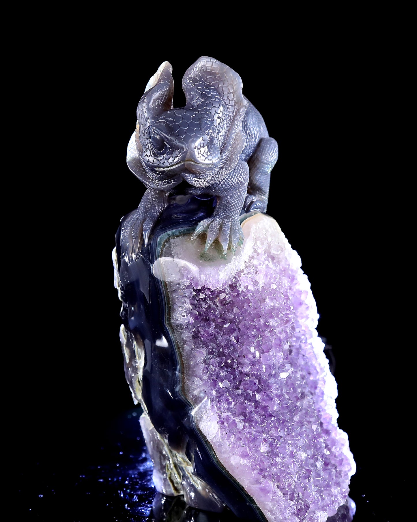 9.6" Amethyst Druse Agate Hand Carved Crystal Lizard Sculpture