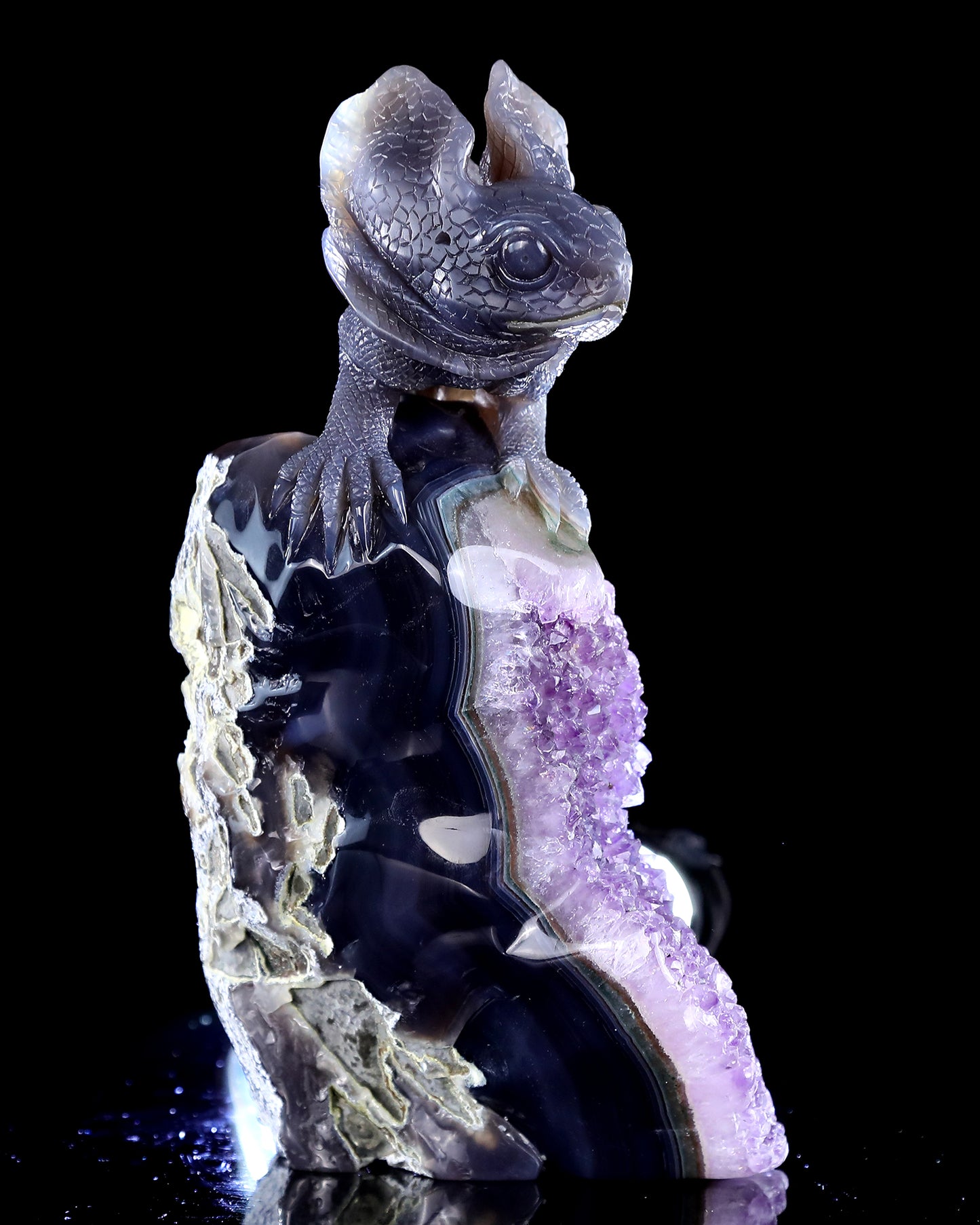 9.6" Amethyst Druse Agate Hand Carved Crystal Lizard Sculpture