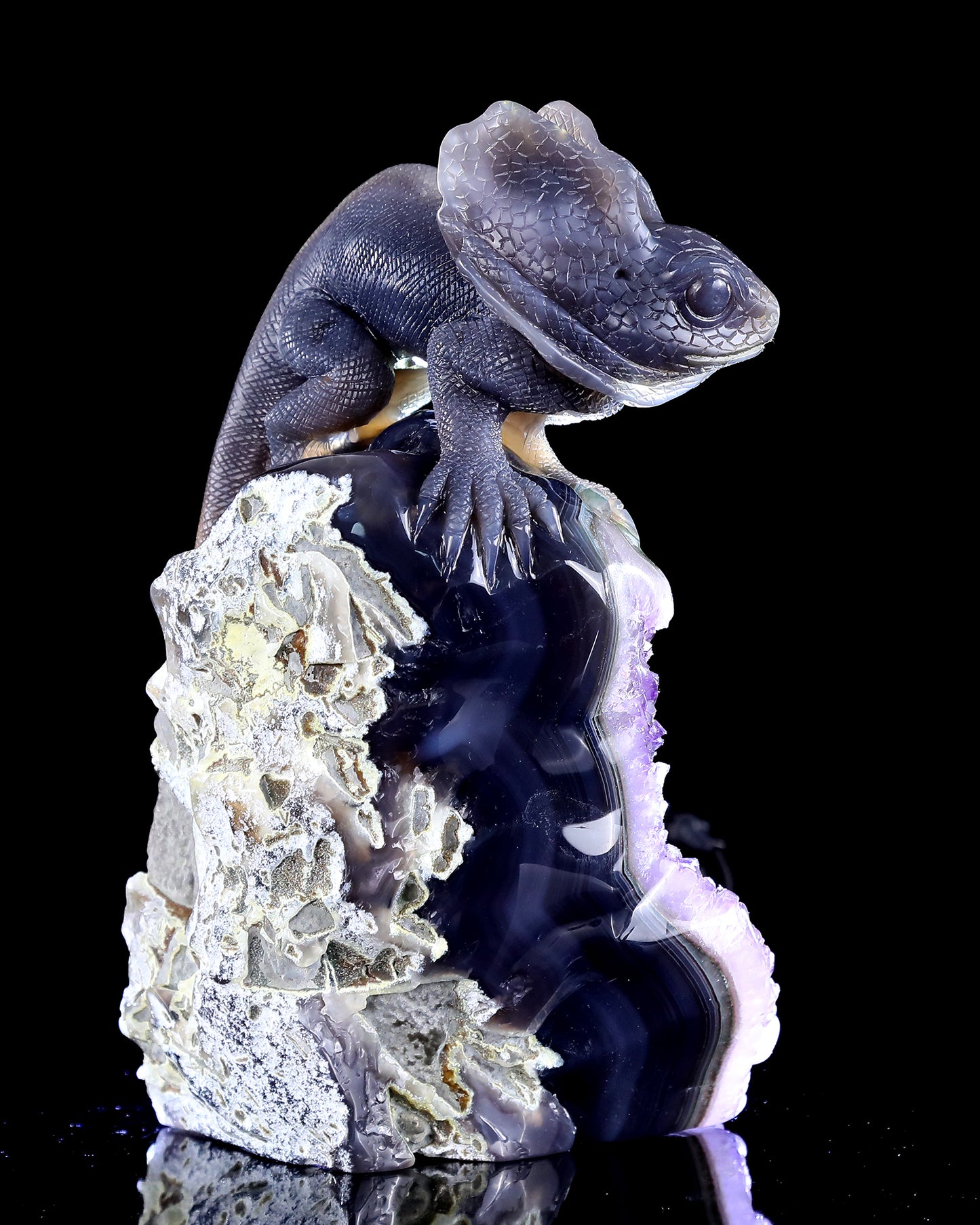 9.6" Amethyst Druse Agate Hand Carved Crystal Lizard Sculpture