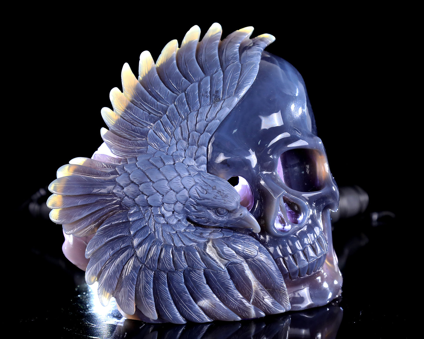 9.0" Amethyst Druse Agate Hand Carved Crystal Skull and Eagle Sculpture