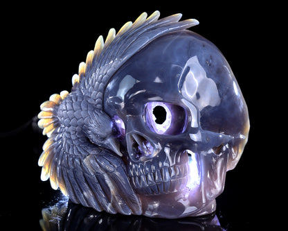 9.0" Amethyst Druse Agate Hand Carved Crystal Skull and Eagle Sculpture