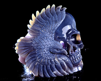 9.0" Amethyst Druse Agate Hand Carved Crystal Skull and Eagle Sculpture