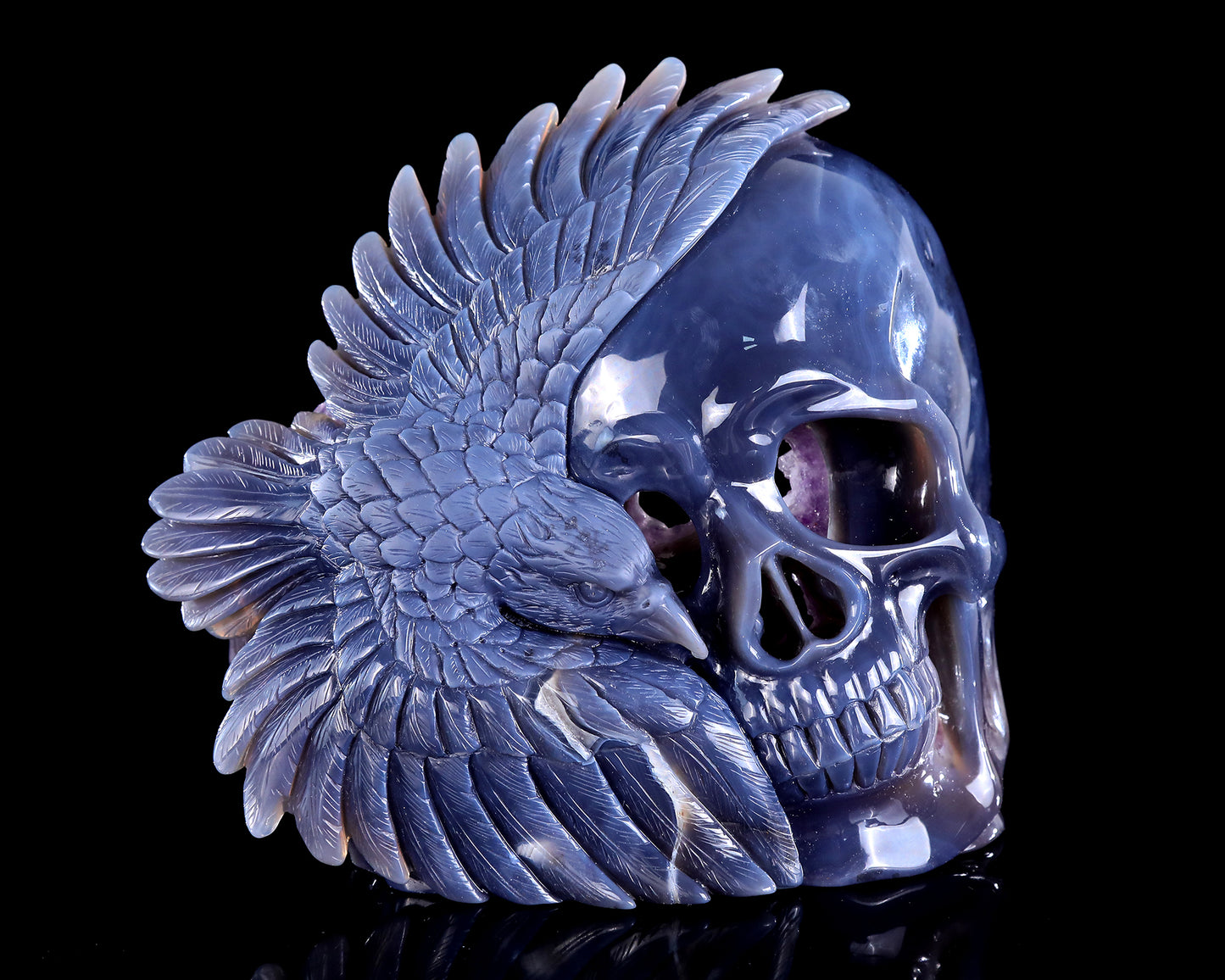 9.0" Amethyst Druse Agate Hand Carved Crystal Skull and Eagle Sculpture