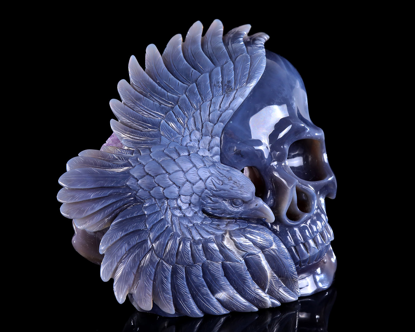 9.0" Amethyst Druse Agate Hand Carved Crystal Skull and Eagle Sculpture