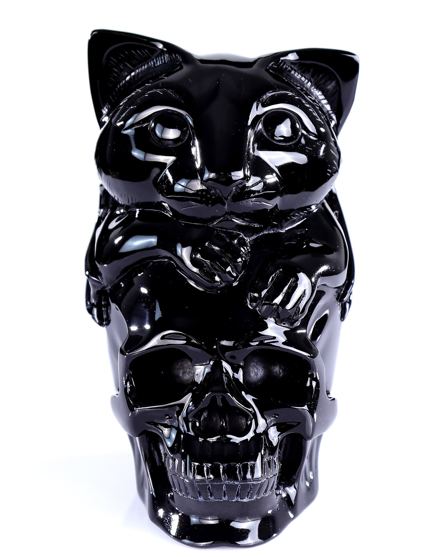 7.8" Natural Black Obsidian Hand Carved Crystal Skull and Cat Sculpture