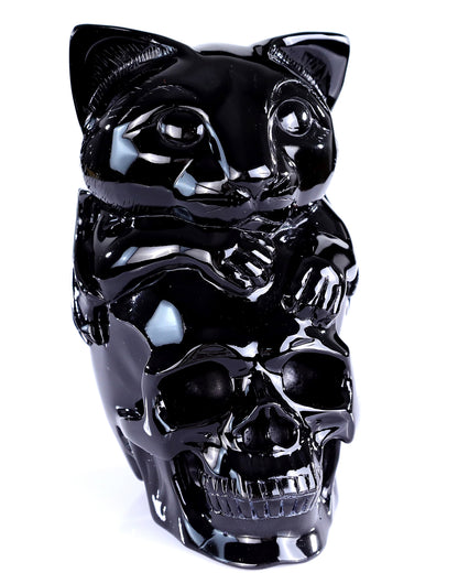 7.8" Natural Black Obsidian Hand Carved Crystal Skull and Cat Sculpture