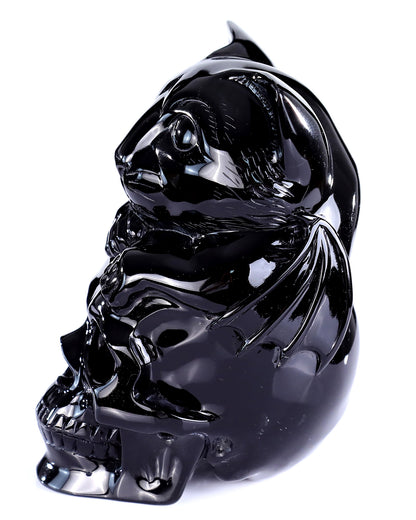 7.8" Natural Black Obsidian Hand Carved Crystal Skull and Cat Sculpture