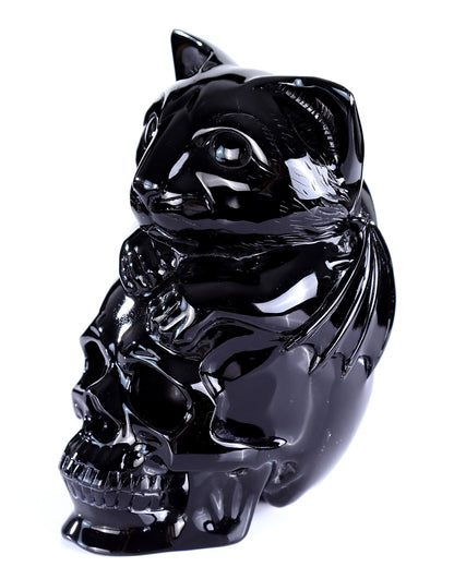 7.8" Natural Black Obsidian Hand Carved Crystal Skull and Cat Sculpture