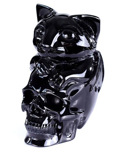 7.8" Natural Black Obsidian Hand Carved Crystal Skull and Cat Sculpture