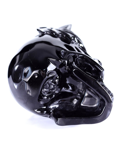 7.8" Natural Black Obsidian Hand Carved Crystal Skull and Cat Sculpture