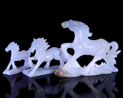 Natural Blue Chalcedony Hand Carved Crystal Horse Set Sculpture