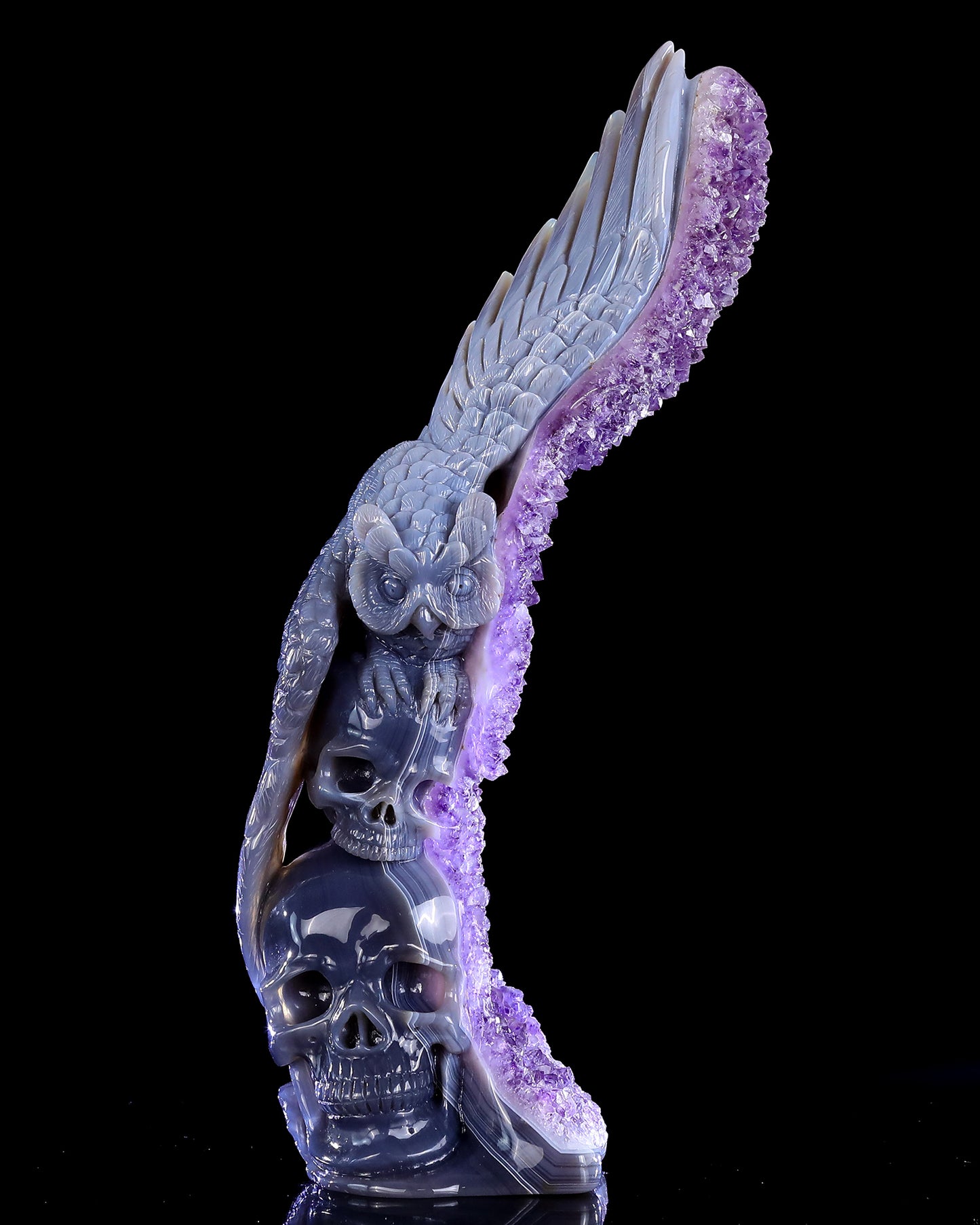 11.8" Amethyst Druse Agate Hand Carved Skulls and Owl Sculpture