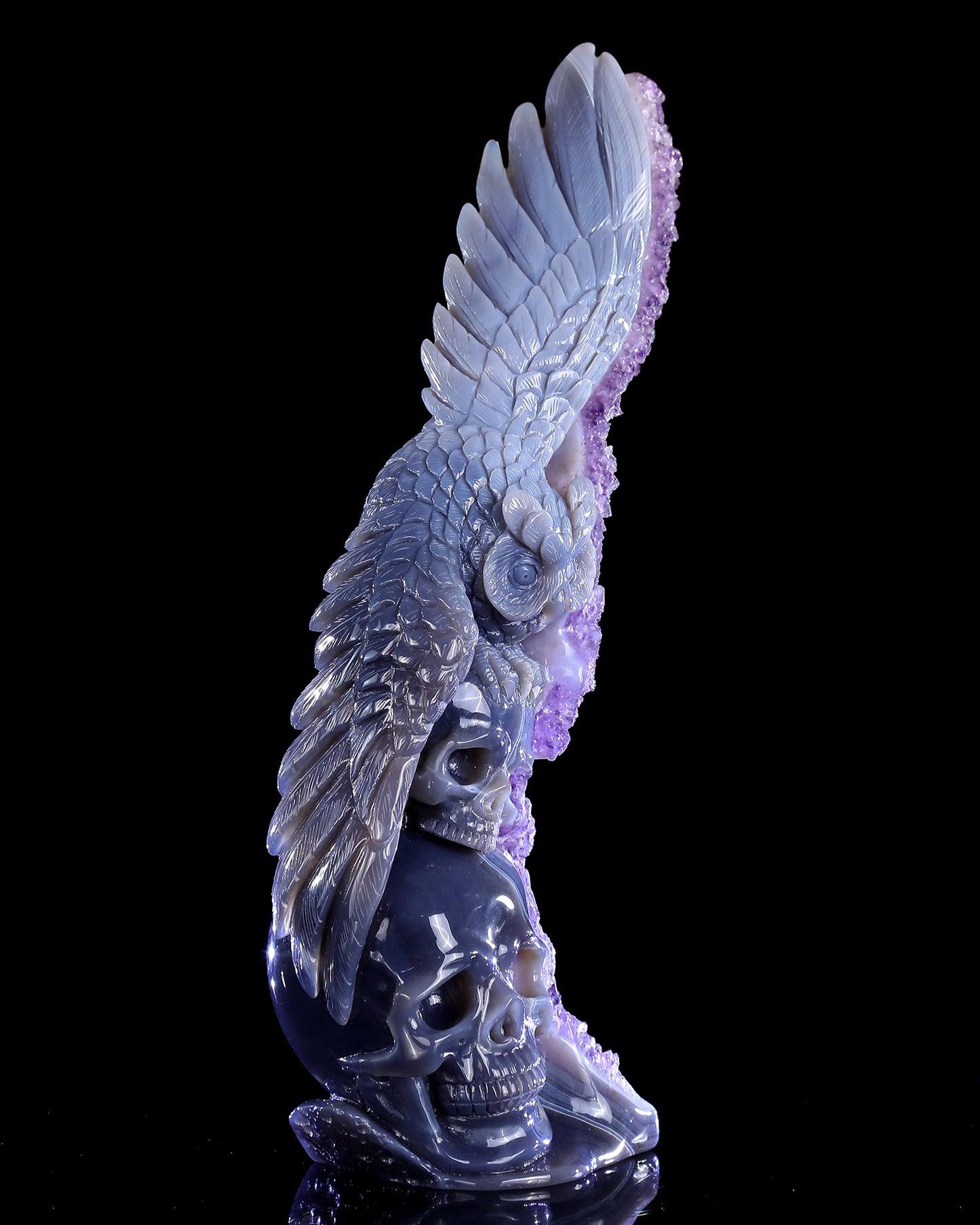 11.8" Amethyst Druse Agate Hand Carved Skulls and Owl Sculpture