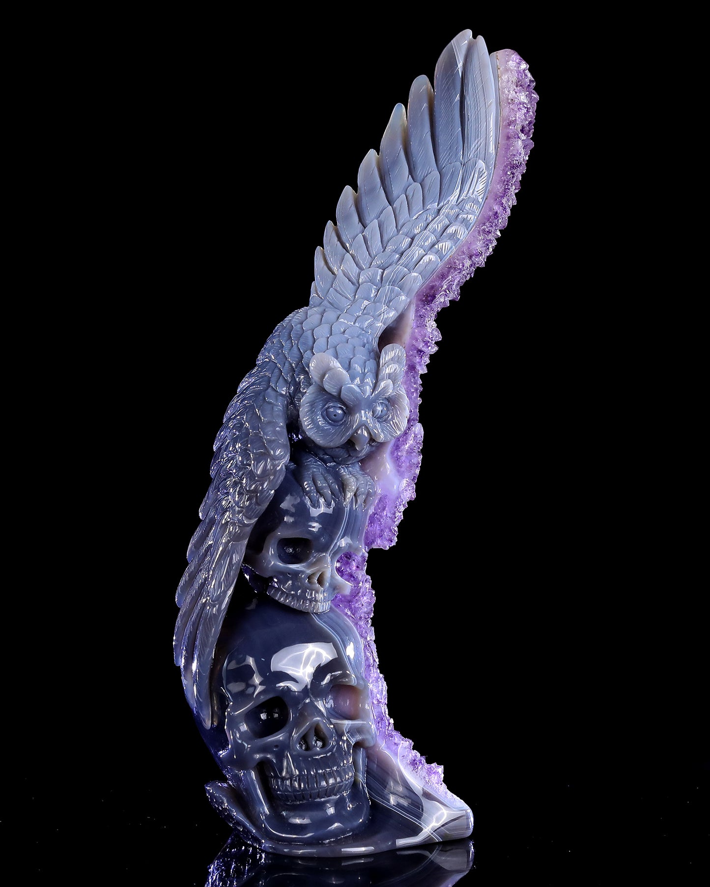 11.8" Amethyst Druse Agate Hand Carved Skulls and Owl Sculpture