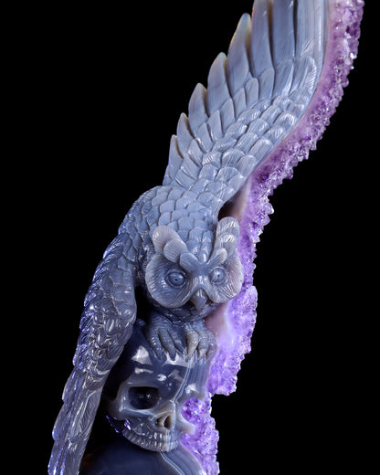 11.8" Amethyst Druse Agate Hand Carved Skulls and Owl Sculpture