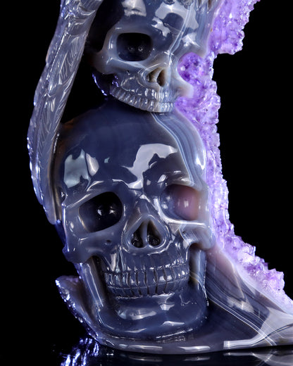 11.8" Amethyst Druse Agate Hand Carved Skulls and Owl Sculpture