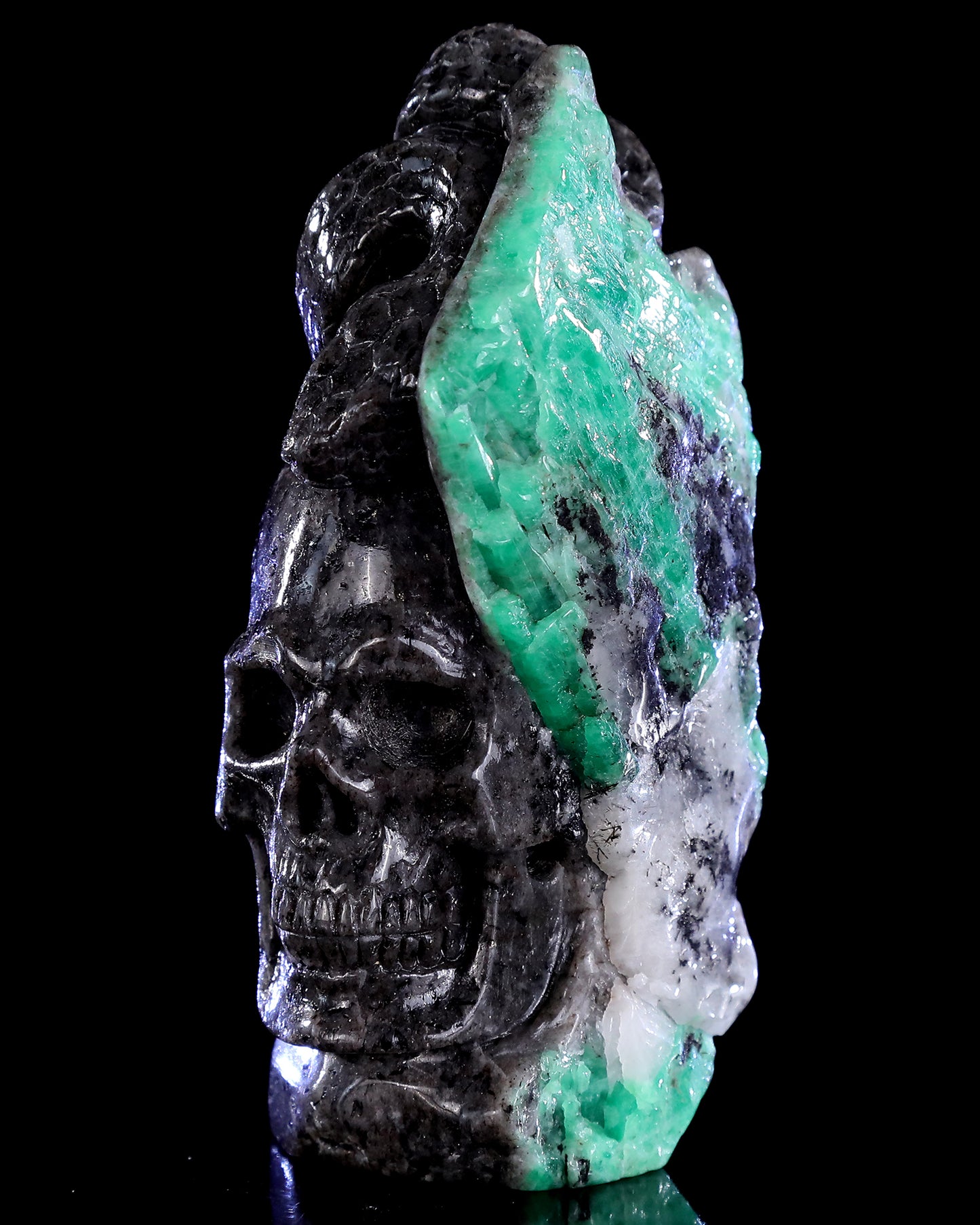 5.0" Emerald Hand Carved Crystal Skull and Snake Sculpture