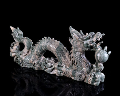 13" Jiulong Jade Hand Carved Crystal Dragon Sculpture