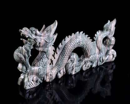 13" Jiulong Jade Hand Carved Crystal Dragon Sculpture