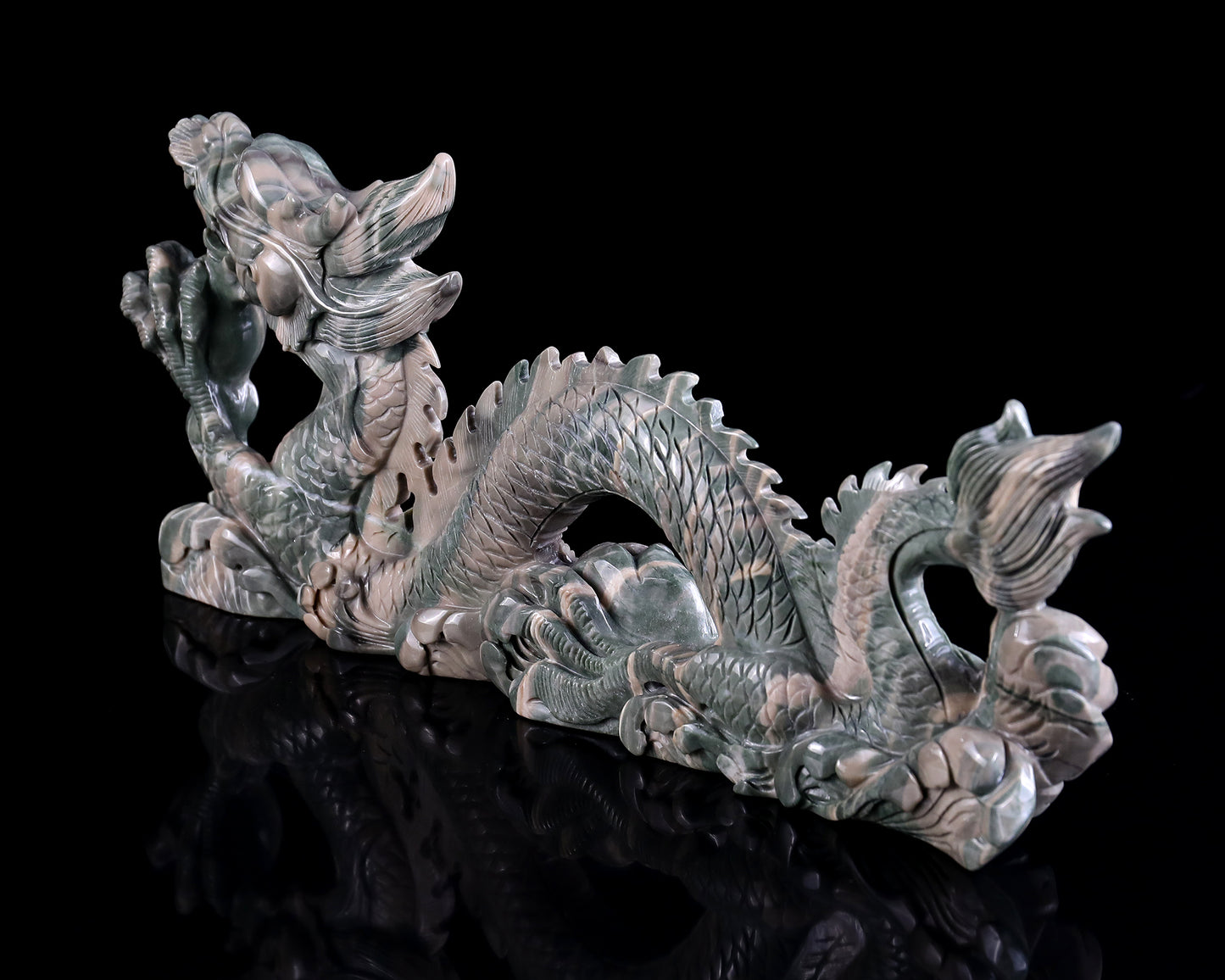 13" Jiulong Jade Hand Carved Crystal Dragon Sculpture