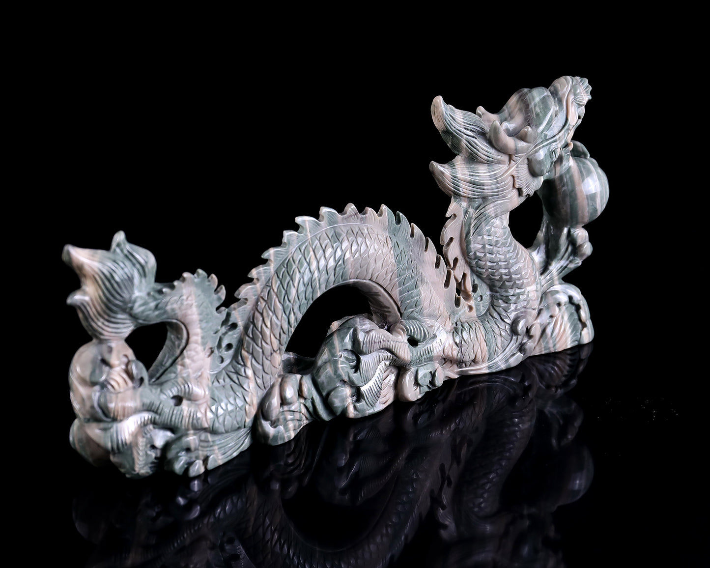 13" Jiulong Jade Hand Carved Crystal Dragon Sculpture