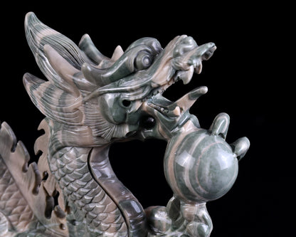 13" Jiulong Jade Hand Carved Crystal Dragon Sculpture