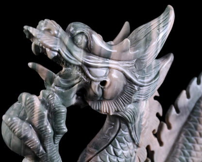 13" Jiulong Jade Hand Carved Crystal Dragon Sculpture