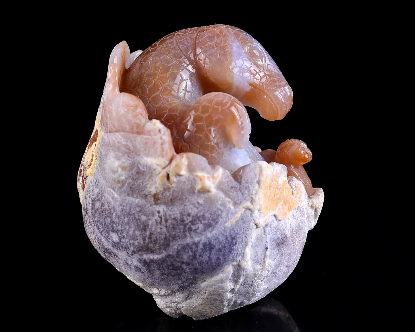 3.9" Chalcedony Hand Carved Crystal Dinosaur Egg Carving,Dinosaur Baby Sculpture