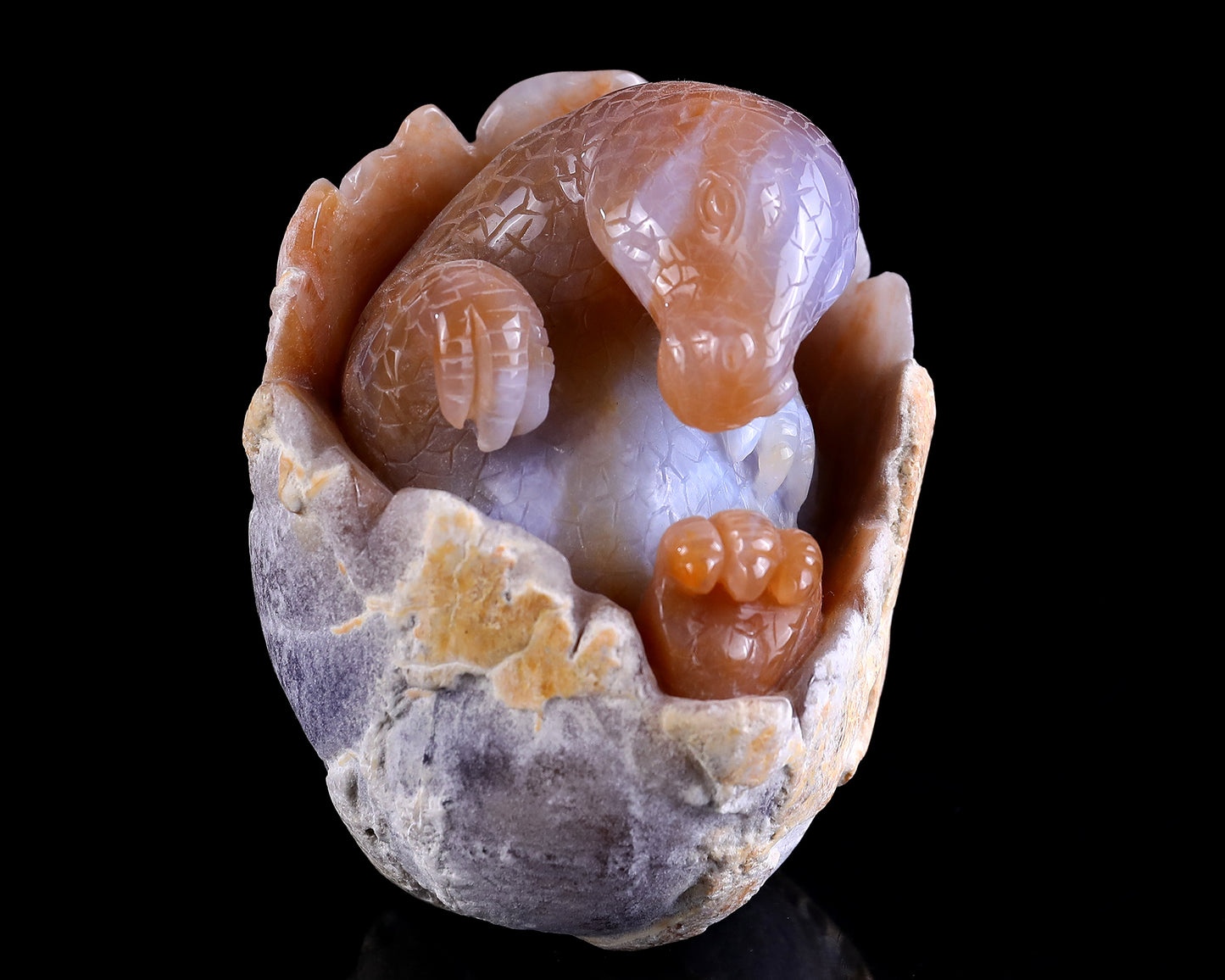 3.9" Chalcedony Hand Carved Crystal Dinosaur Egg Carving,Dinosaur Baby Sculpture