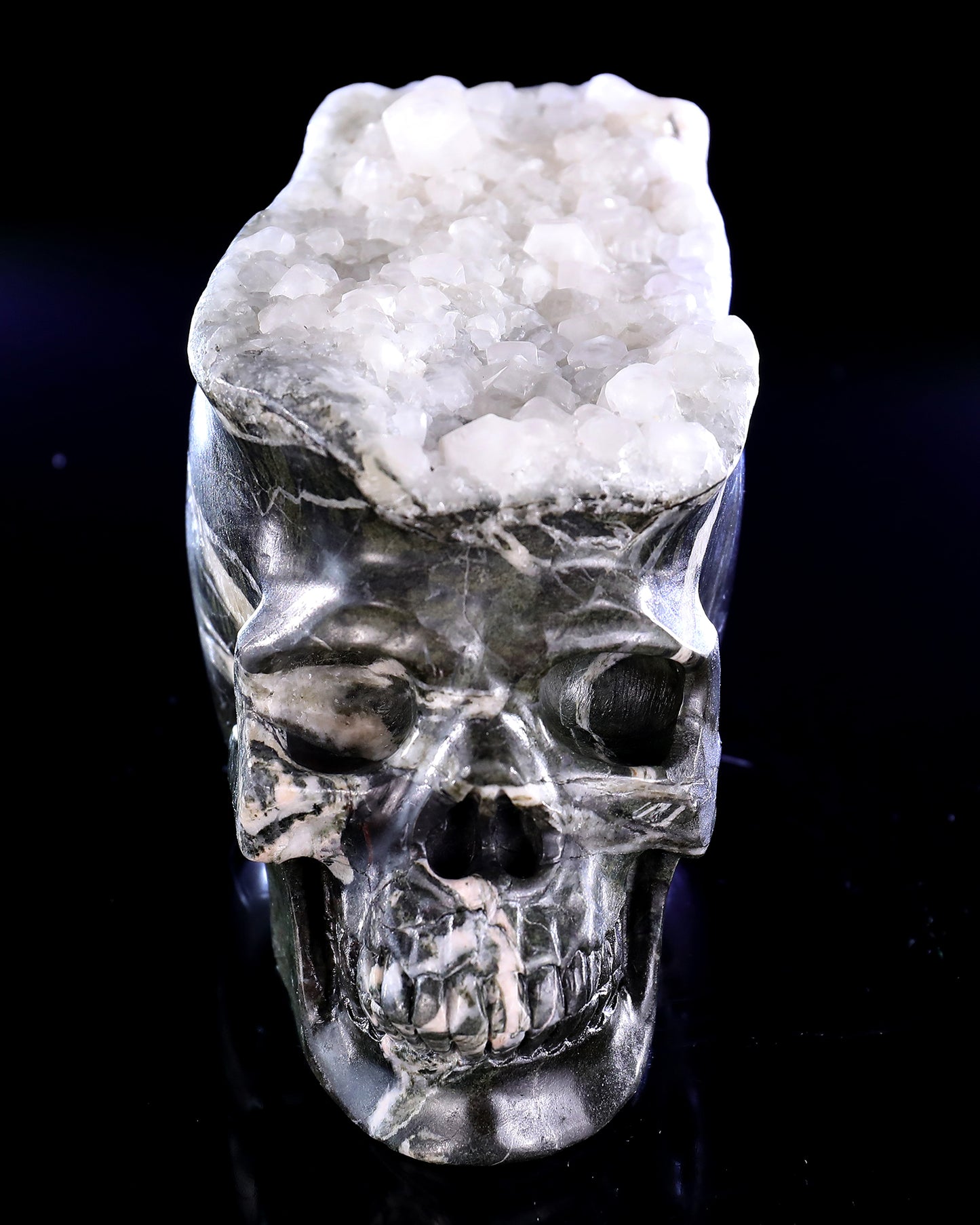 5.7" Quartz Rock Druse Hand Carved Crystal Skull Sculpture