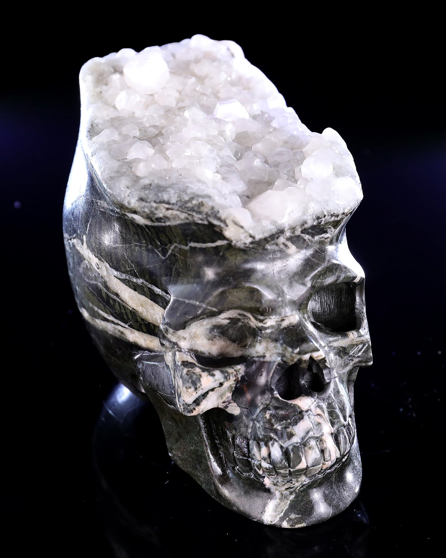 5.7" Quartz Rock Druse Hand Carved Crystal Skull Sculpture