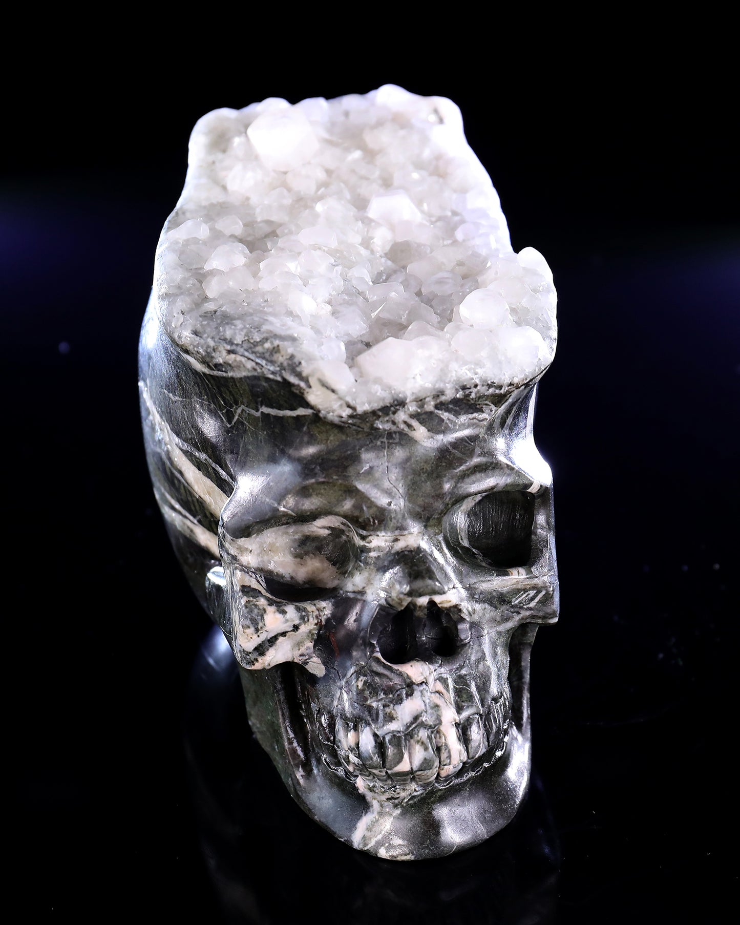 5.7" Quartz Rock Druse Hand Carved Crystal Skull Sculpture