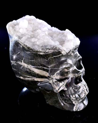 5.7" Quartz Rock Druse Hand Carved Crystal Skull Sculpture