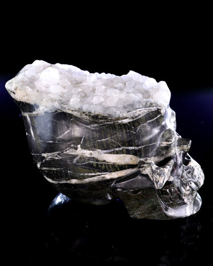 5.7" Quartz Rock Druse Hand Carved Crystal Skull Sculpture