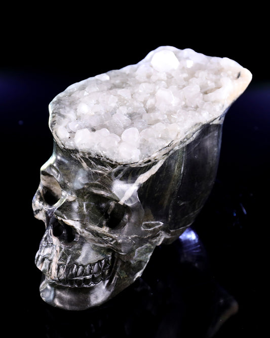 5.7" Quartz Rock Druse Hand Carved Crystal Skull Sculpture